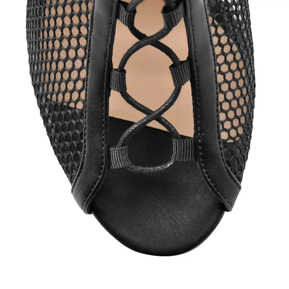 Chunky Heel Peep Toe Lace Up Mesh Ankle Bootie Sandals