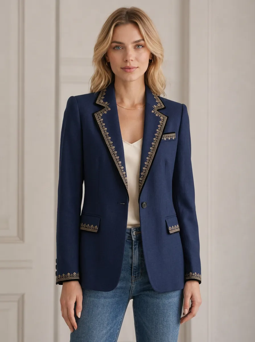 Women's Vintage Floral Embroidery Navy Printed Blazer