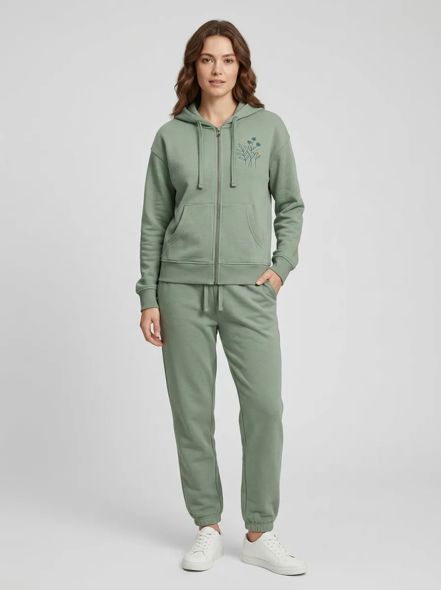 Women's Sage Green Floral Embroidered Drawstring Hood Kangaroo Pocket Zip-Up Hoodie Jacket & Jogger Set