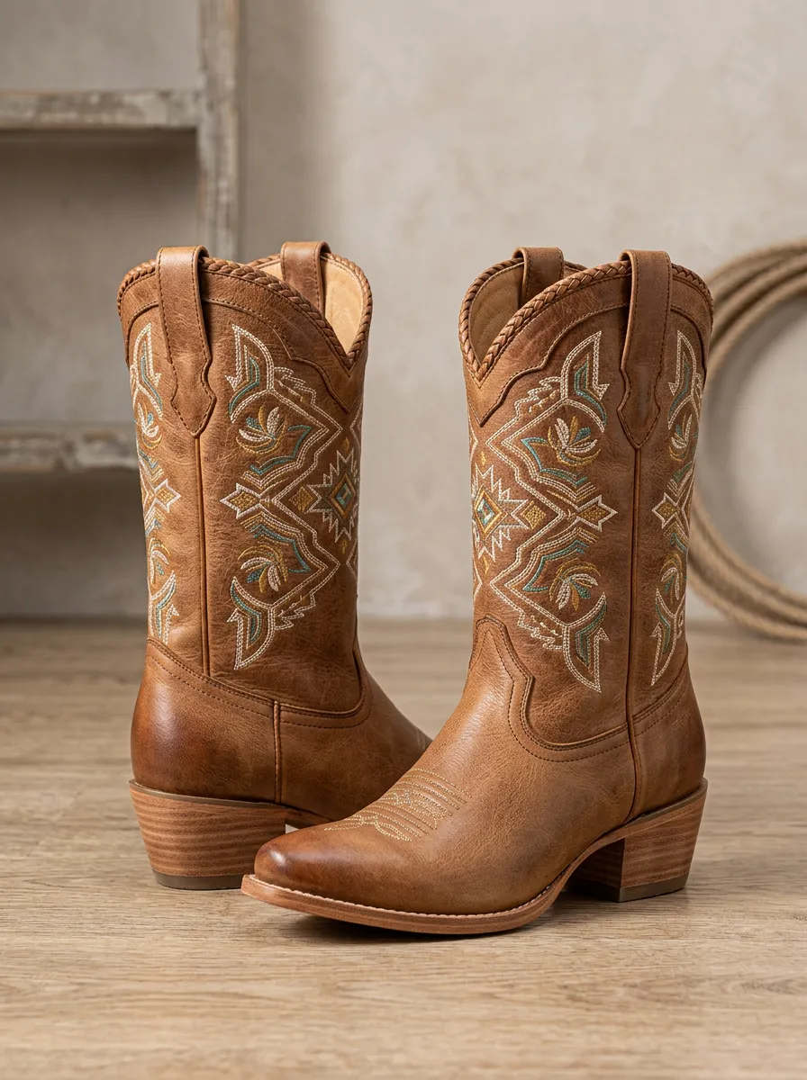 Frontier Floral Geometric Embroidered Finish Unisex Western Cowboy Boots