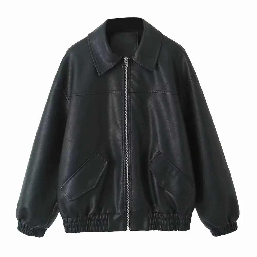 Oversized Faux Leather Shirt Collar Patch Pocket Bomber Jacket