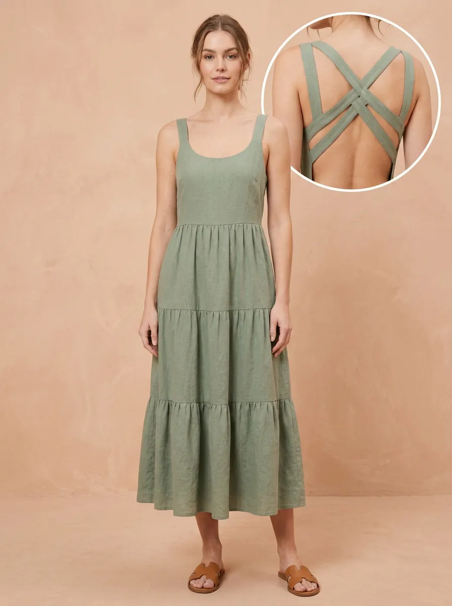 Women's Casual Tiered Crisscross-Back Midi Backless Dress