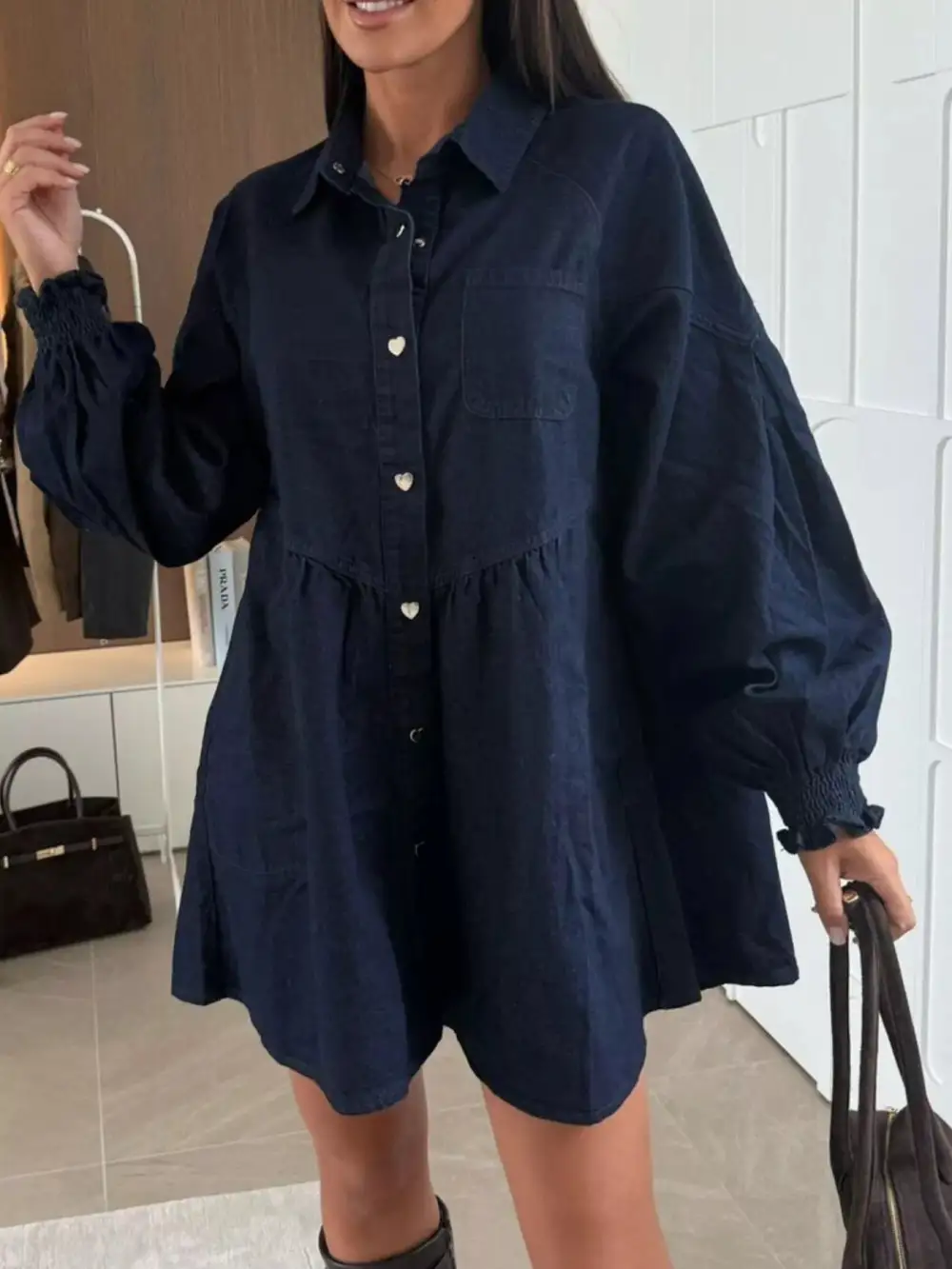 Denim Button Front Pocketed Mini Dress