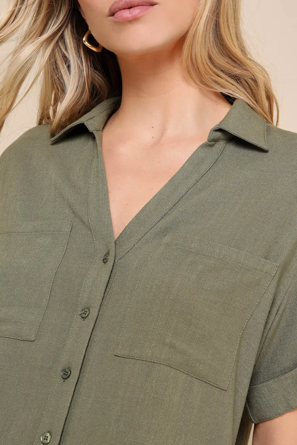 Casual Style Linen Collared Button-Up Top