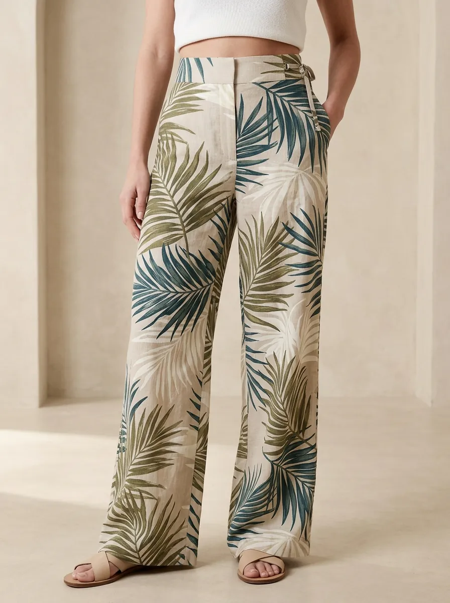 Women's Tropical Inspired Fine Detail Palm Leaf Printed Wide Leg Pants