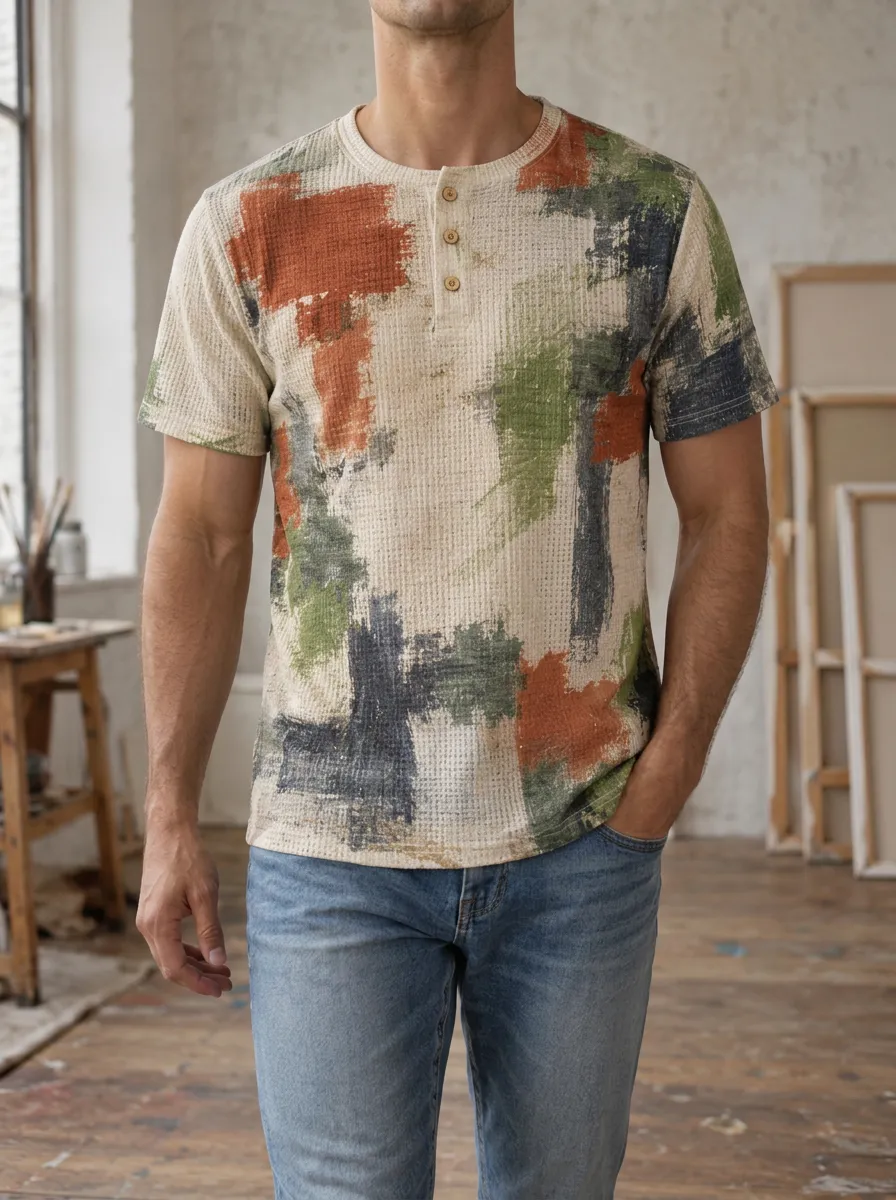 Men's Relaxed Abstract Brushstroke Waffle Knit Henley T-Shirt