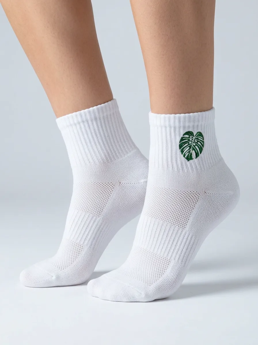 White Monstera Leaf Graphic Athletic Ankle Socks