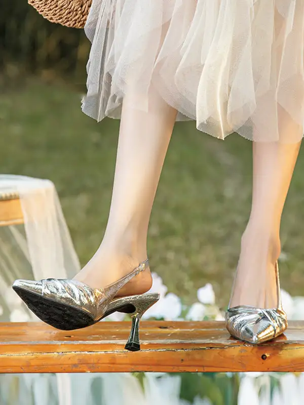 Pleated Pointed-Toe Panel Detail Slingback Heeled Sandals