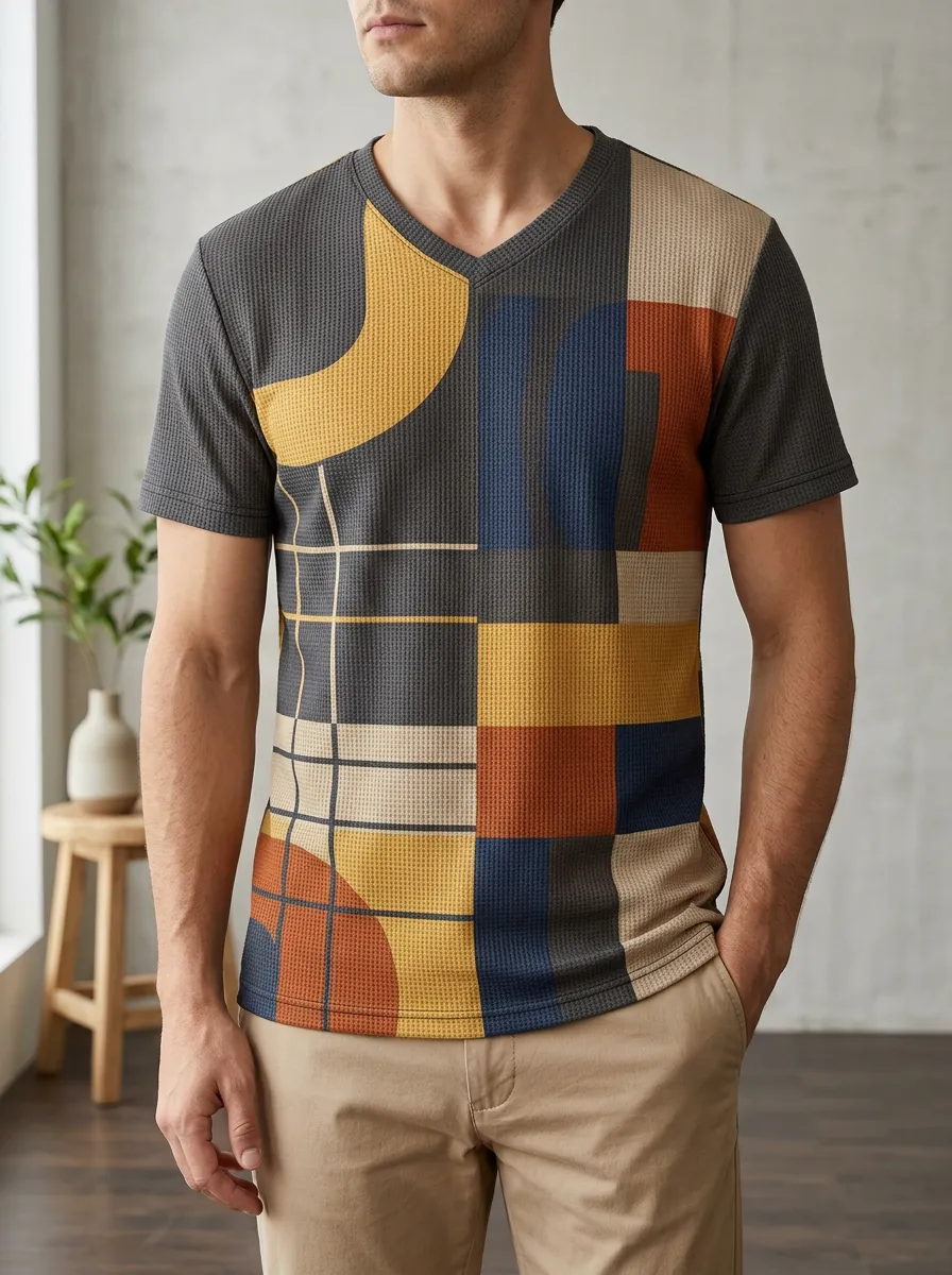 Men's Fluid Geometric Abstract Pattern Waffle V-Neck T-Shirt