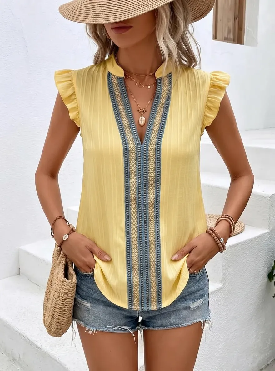 Boho Geometric Pattern Printed Ruffle Sleeve Top