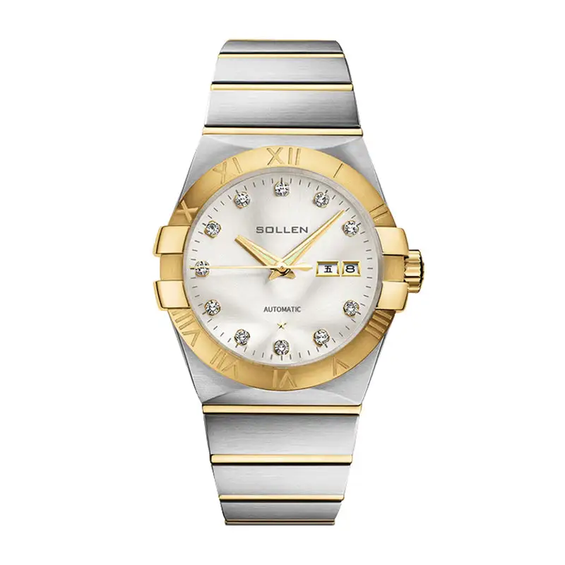 Sollen 9063 Automatic Watch - Men's Dress 12 Crystal Accent Dual Calendar Bamboo Link Steel Bracelet Wristwatch