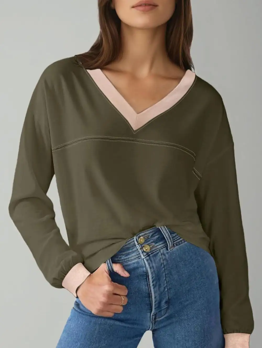Contrast V Neck Loose Sweatshirt