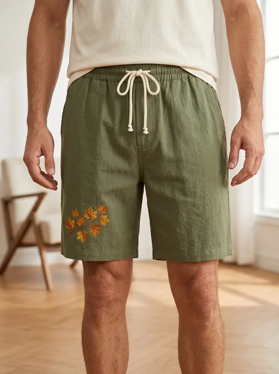 Olive Embroidered Leaf Detail Embroidered Shorts