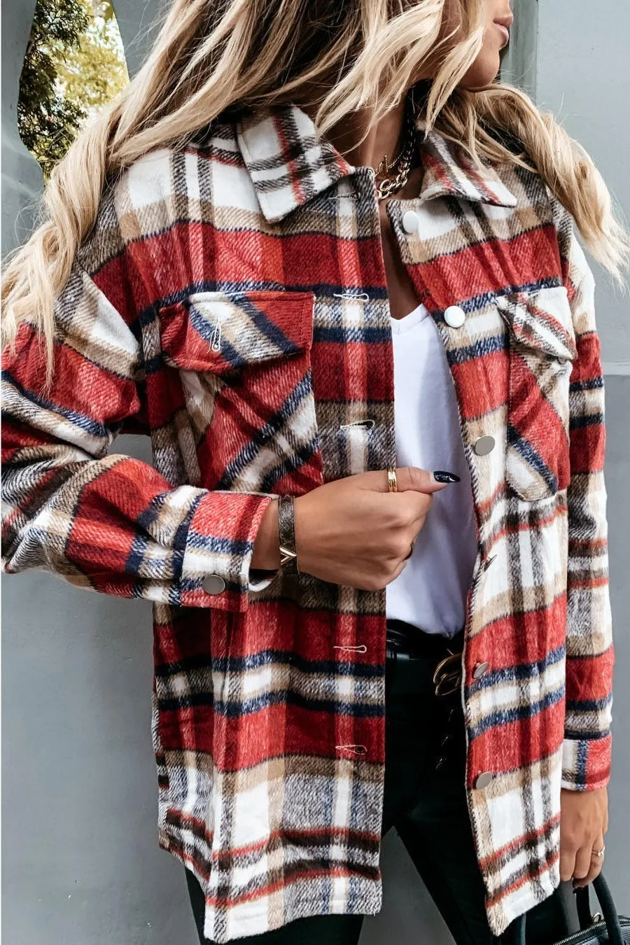 Casual Lapel  Button Plaid Pocket Coat