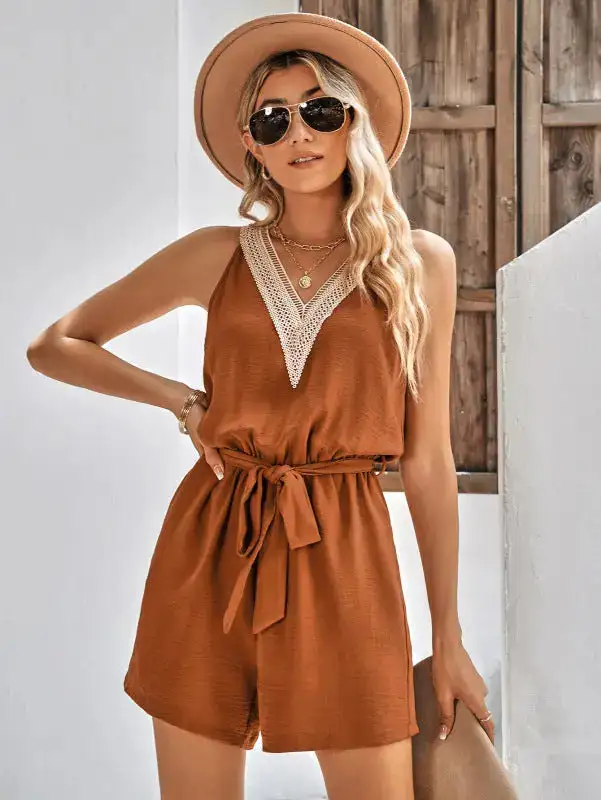 Lace V Neck Sleeveless Jumpsuit Belt