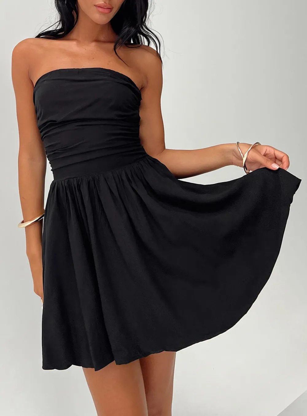 Black Strapless Pleated Mini Dress