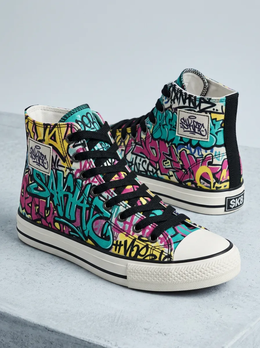 Urban Streetwear Graffiti Art Colorful Printed Canvas Shoes