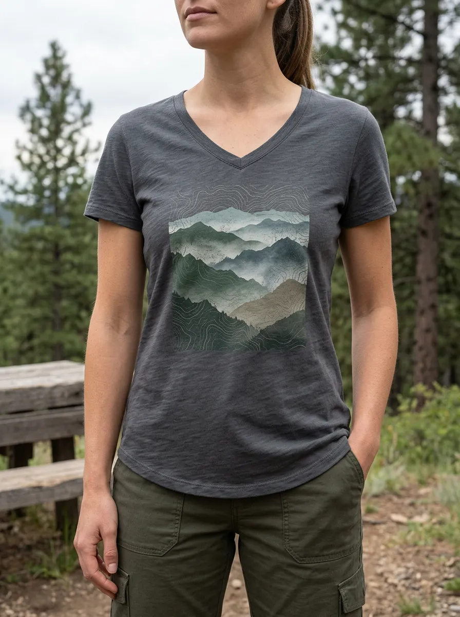 Women's Nature Hiking Lover Misty Mountain Topographic Printed V-Neck T-Shirt