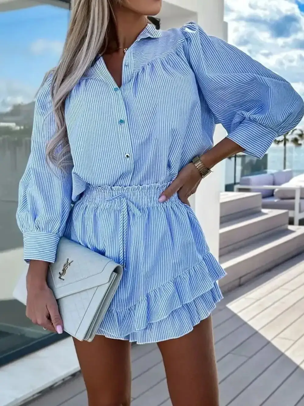 Balanced Button Front Ruffle Trim Coordinated Set