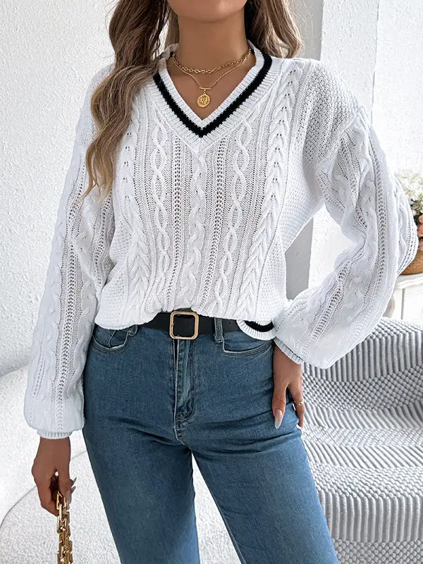 Cable Knit Paneled V-Neck Puff Sleeve Long Sleeve Knit Top