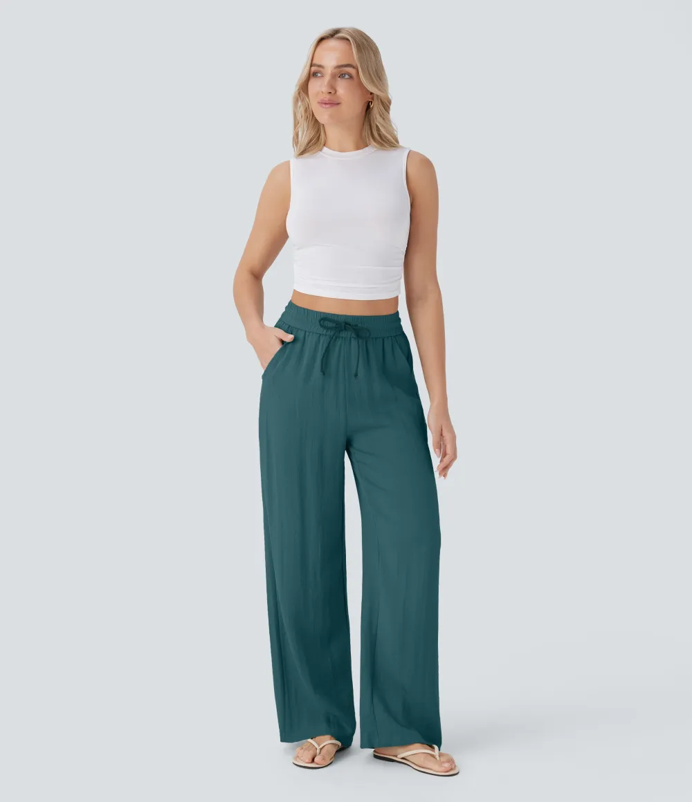 2026🔥  High Waisted Drawstring Pocket Wide Leg Casual Linen-Feel Pants