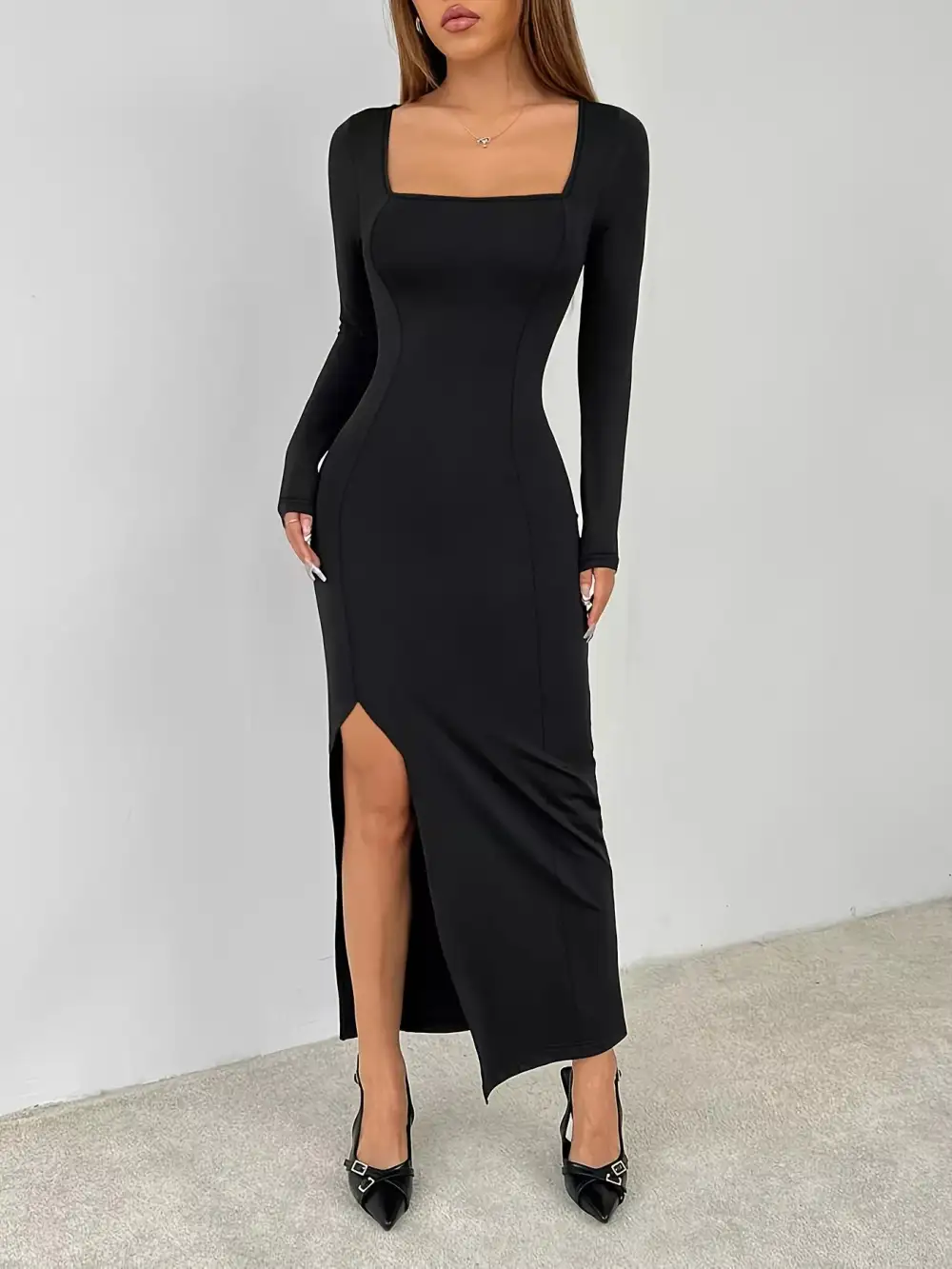 Square Neck Slit Long Sleeve Maxi Dress