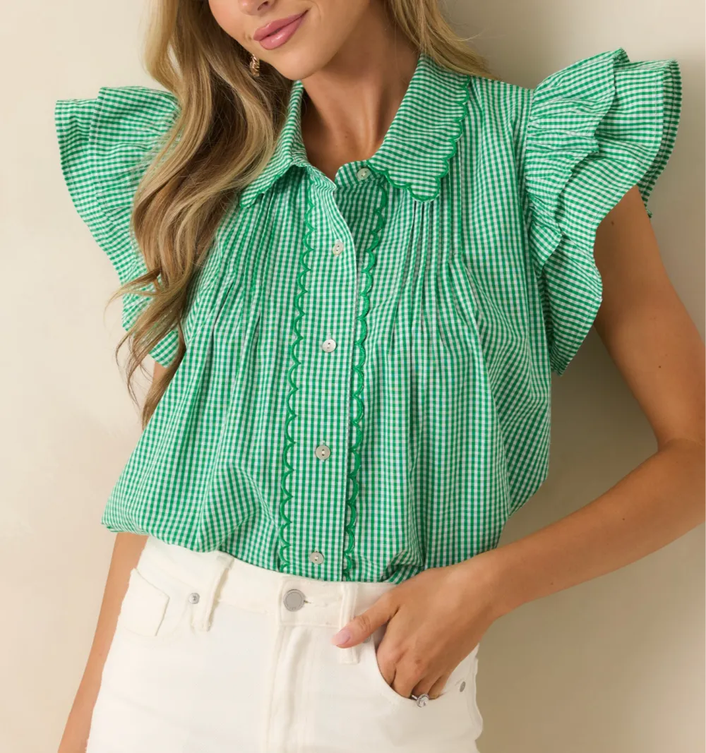 Button-Front Flutter-Sleeve Sleeveless Scalloped Blouse
