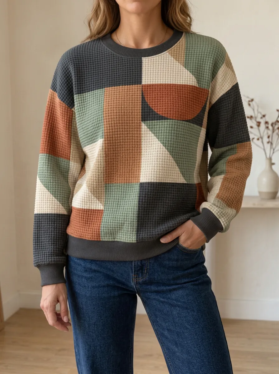 Women's Geometric Colorblock Illustrated Waffle Knit Crewneck Sweatshirt