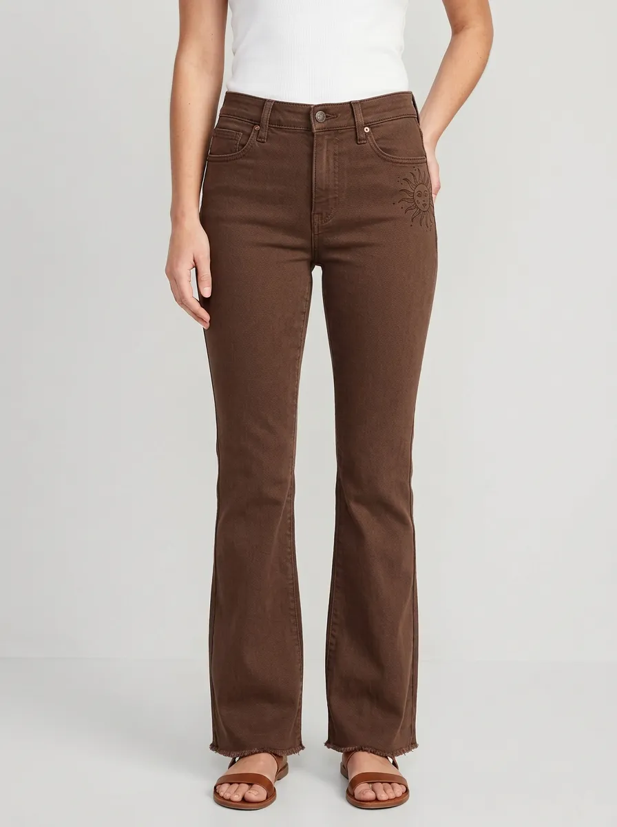 Women's Sun-Motif Embroidered Raw-Hem High-Rise Flare Jeans
