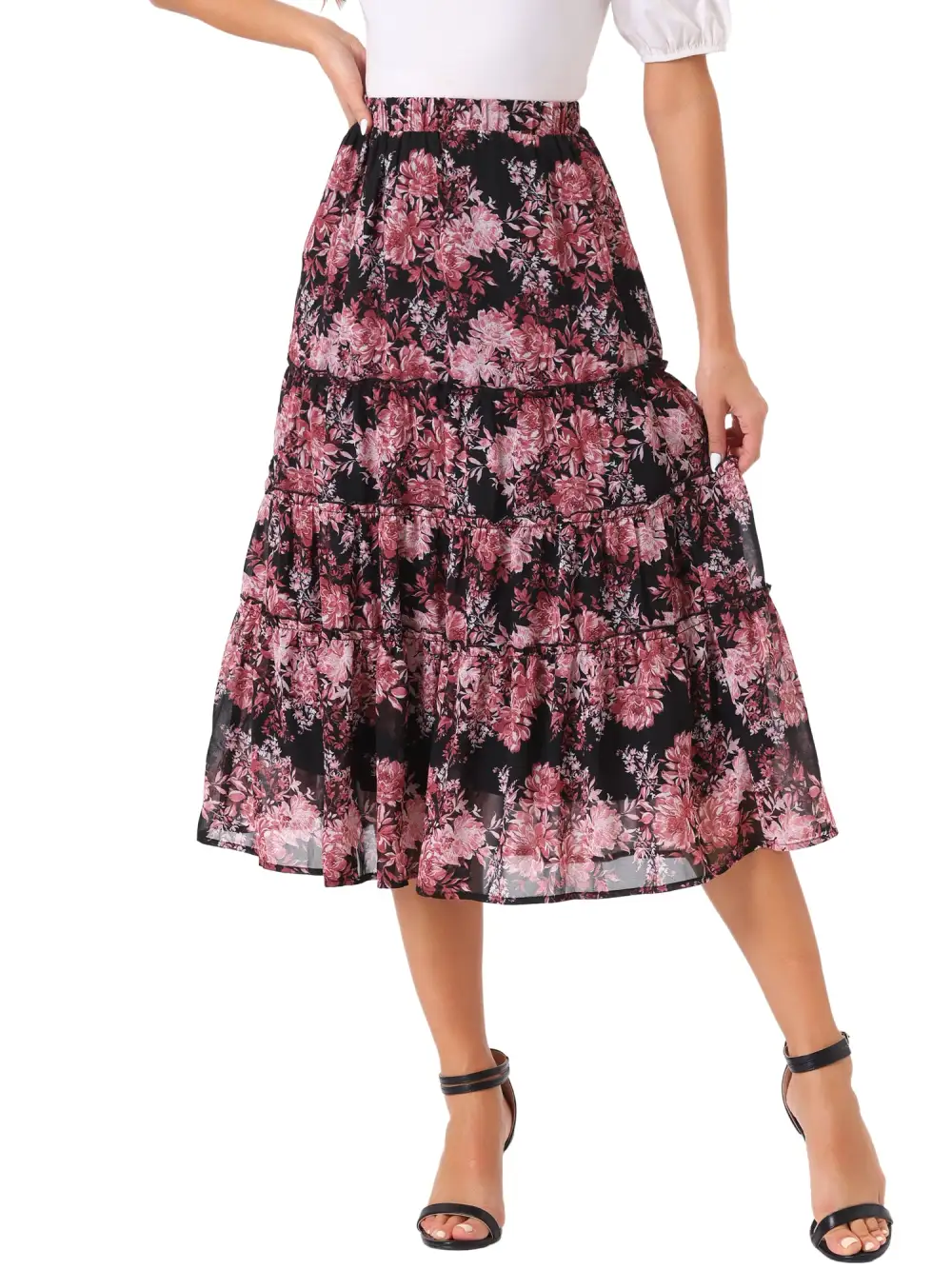 Chiffon Floral-Print Long Tiered Ruffle Boho Midi Skirt