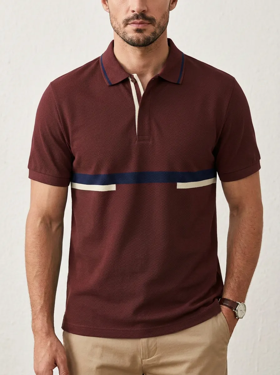 Men's Classic Everyday Colorblock Stripe Printed Polo Shirt