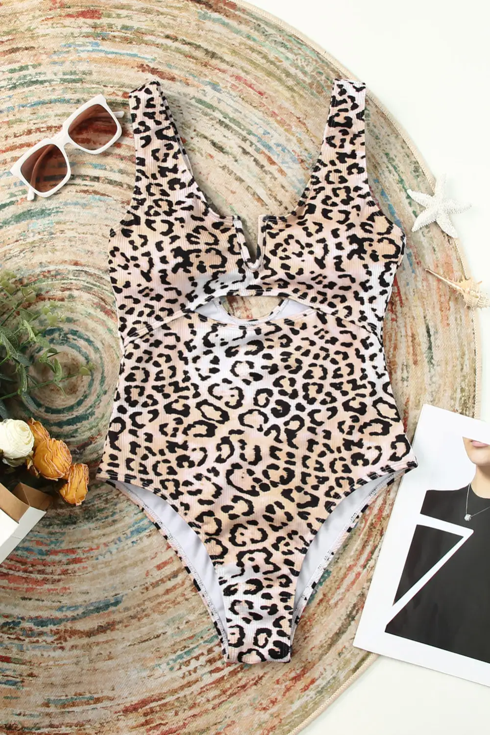 Swimwear Leopard Split V Neck One-piece Swimsuit