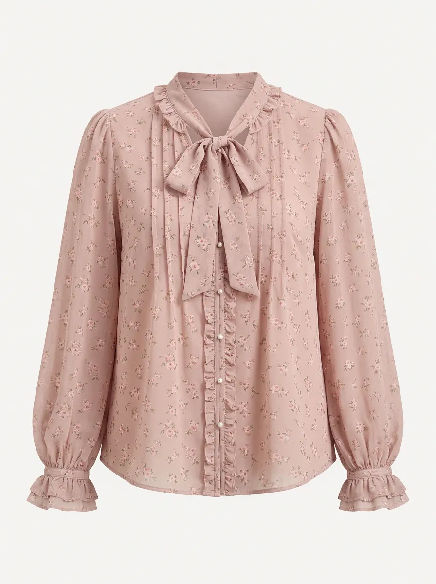 Women's Vintage Floral Bow Tie Ruffle Printed Blouse