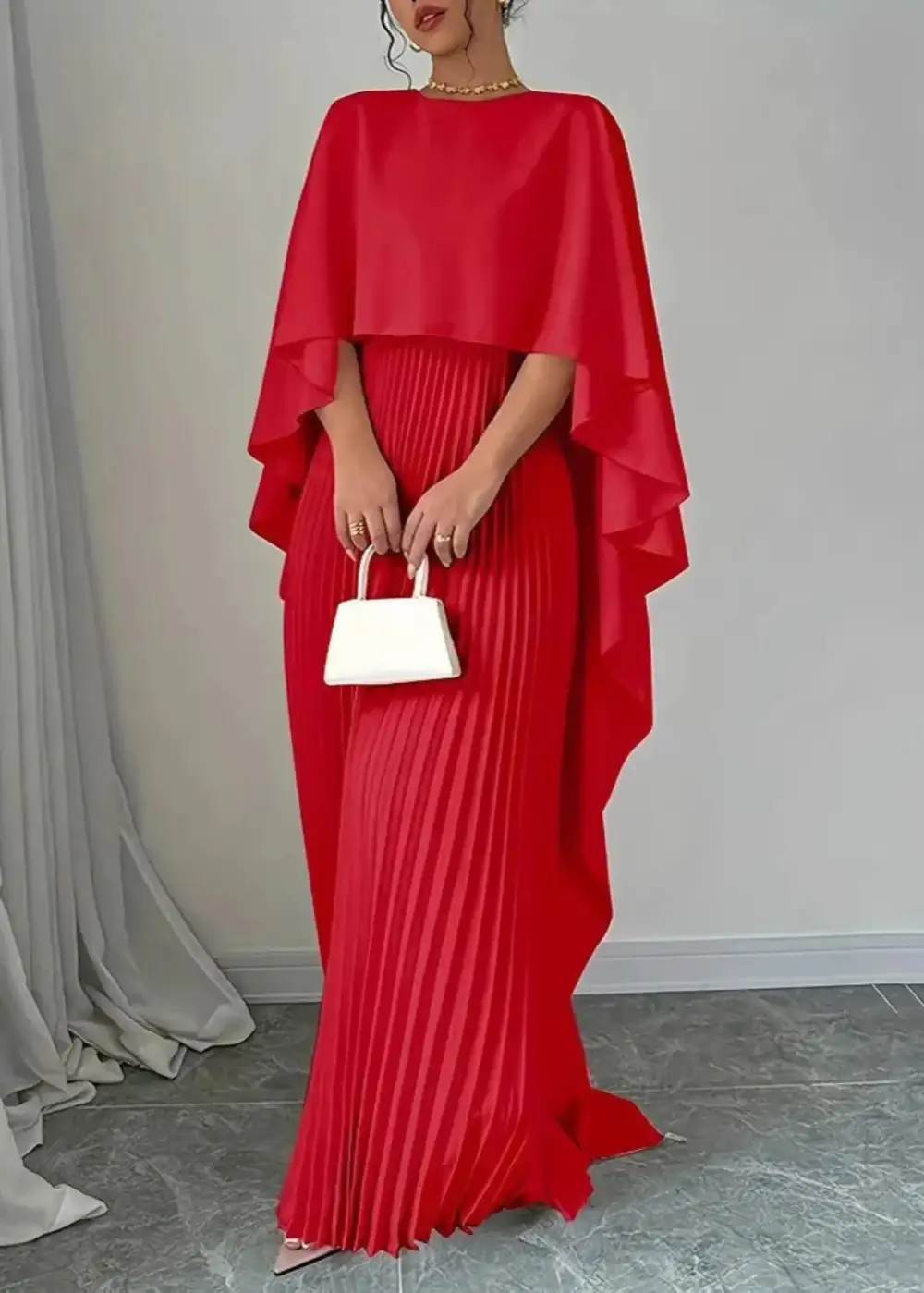  Pleated Maxi Dress Cape
