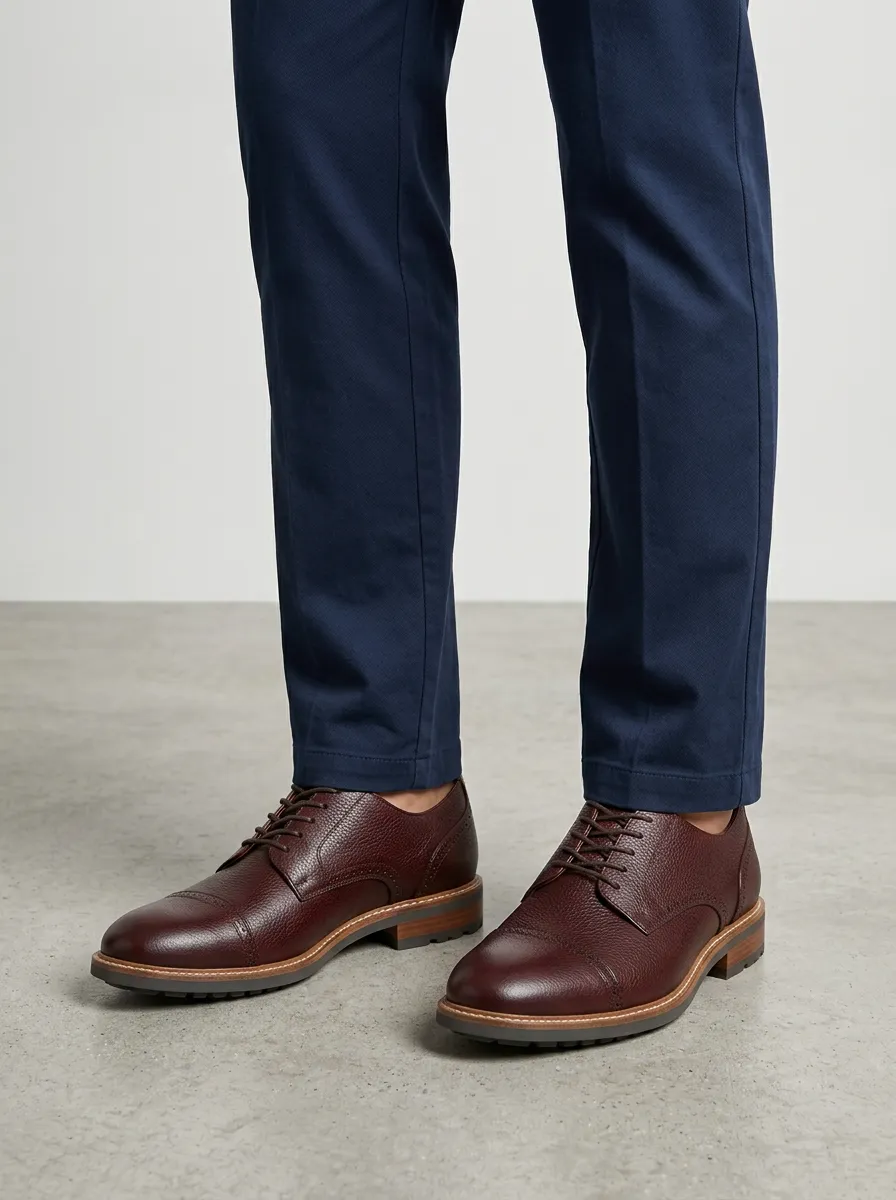 Men's Business Casual Burgundy Pebble Grain Leather Oxford Shoes