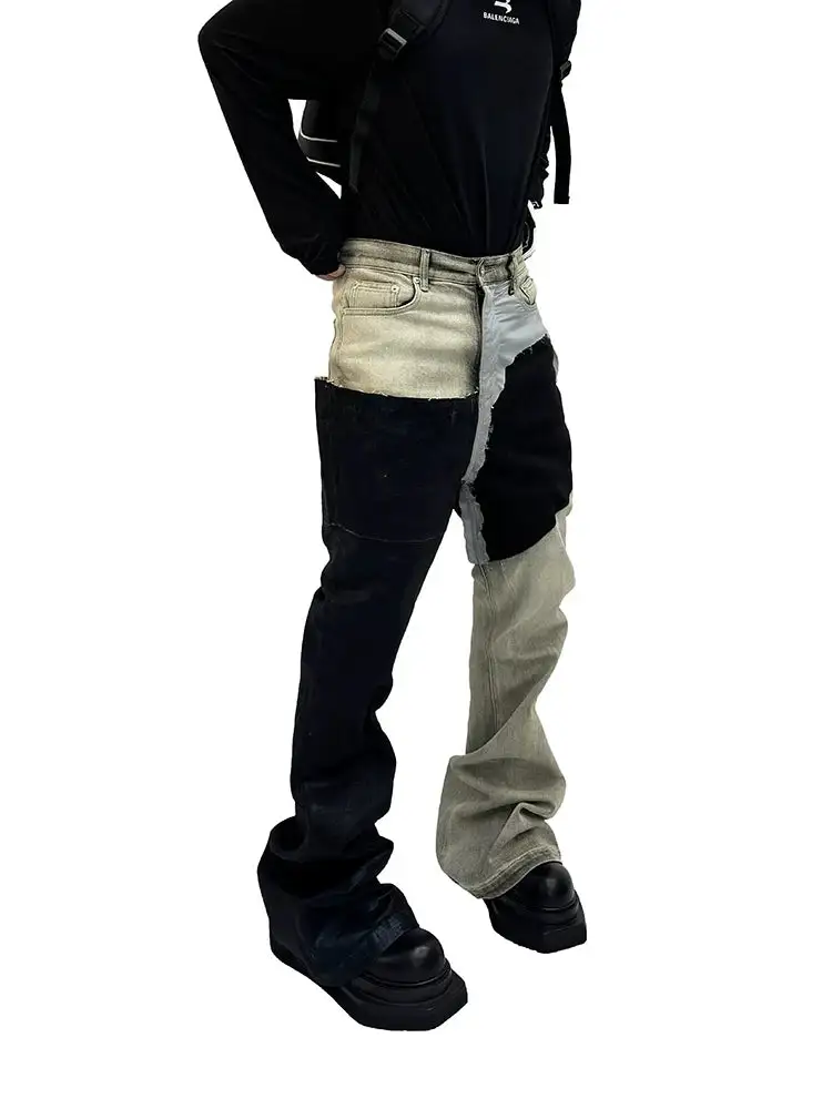 Wide-Leg Patchwork Light-Wash Jeans