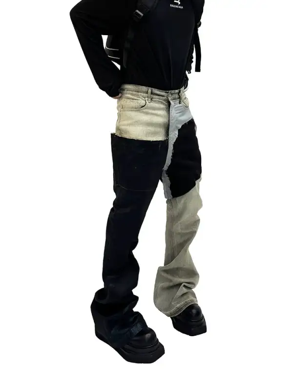 Wide-Leg Patchwork Light-Wash Jeans