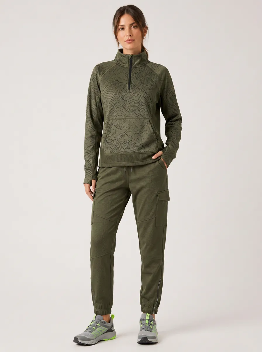 Women's Olive Topographic Print Quarter-Zip Pullover and Cargo Jogger Set - Quarter-Zip