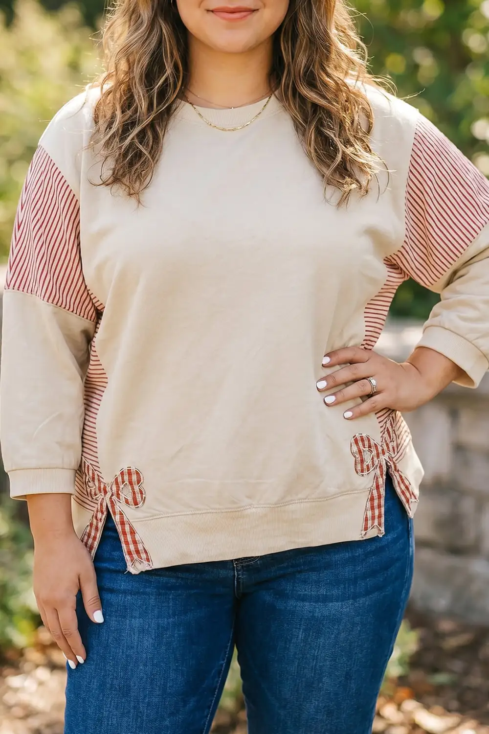 Striped Relaxed Cotton Blend Bracelet Sleeve Top