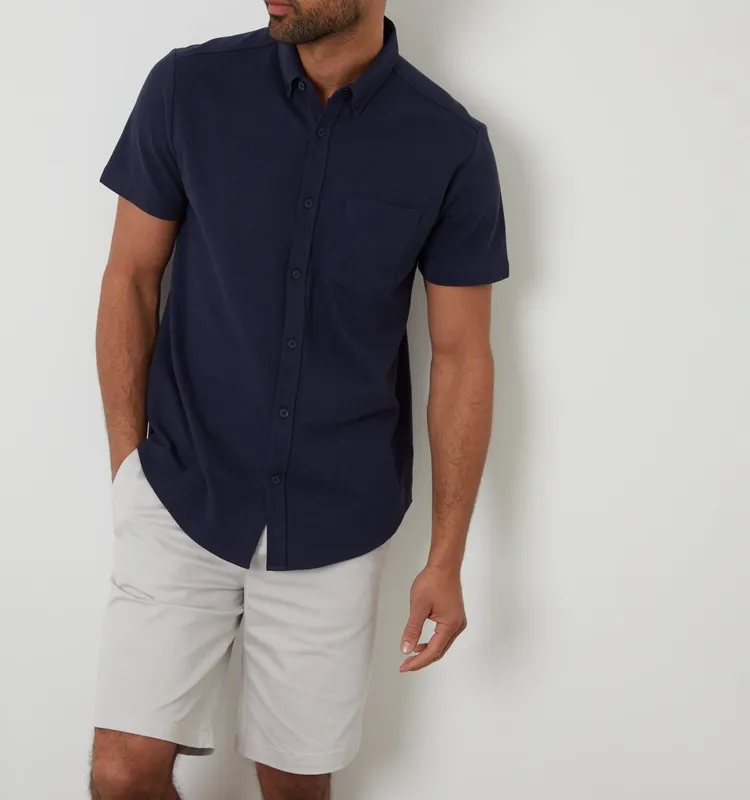 Navy Textured Knit Short-Sleeve Shirt
