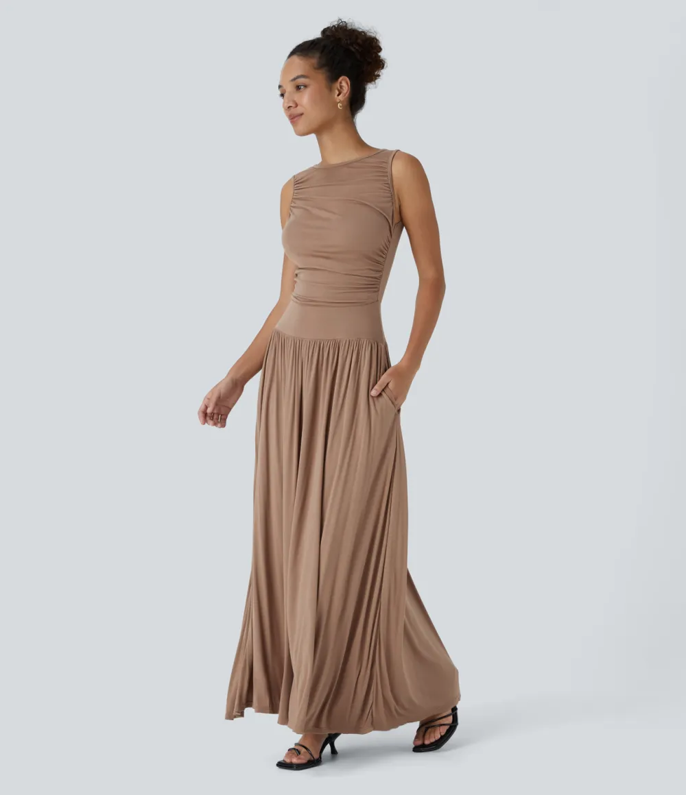 Ribbed Boat Neck Ruched Side Pocket Flowy Maxi Casual Dress