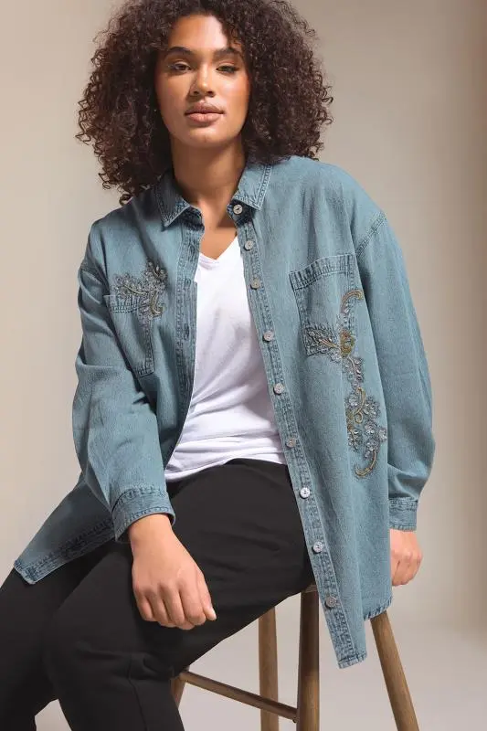 Blue Denim Sequin Embellished Shirt