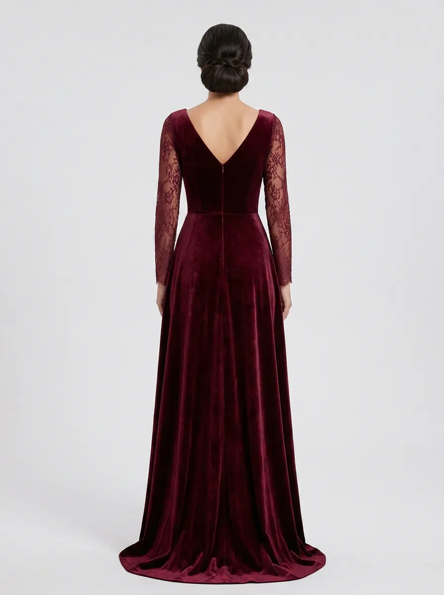Women's Velvet Floral Beaded Embroidered Evening Gown