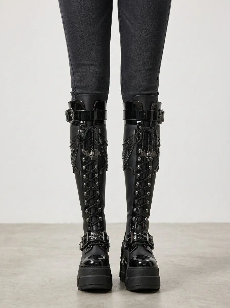 Heritage Skull Bat Chain Alternative Look Women's Gothic Platform Knee High Boots