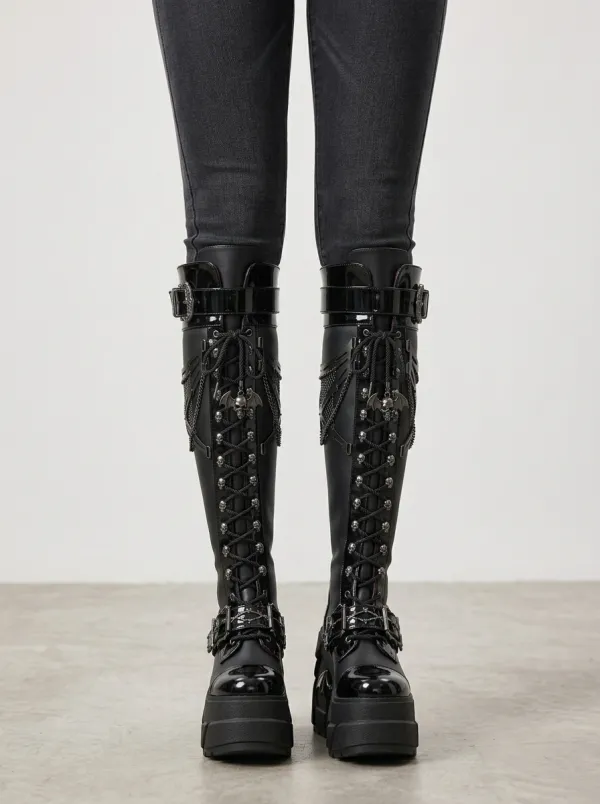 Heritage Skull Bat Chain Alternative Look Women's Gothic Platform Knee High Boots