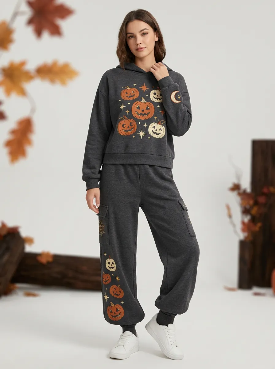 Women's Halloween Pumpkin Star Printed Lounge Set