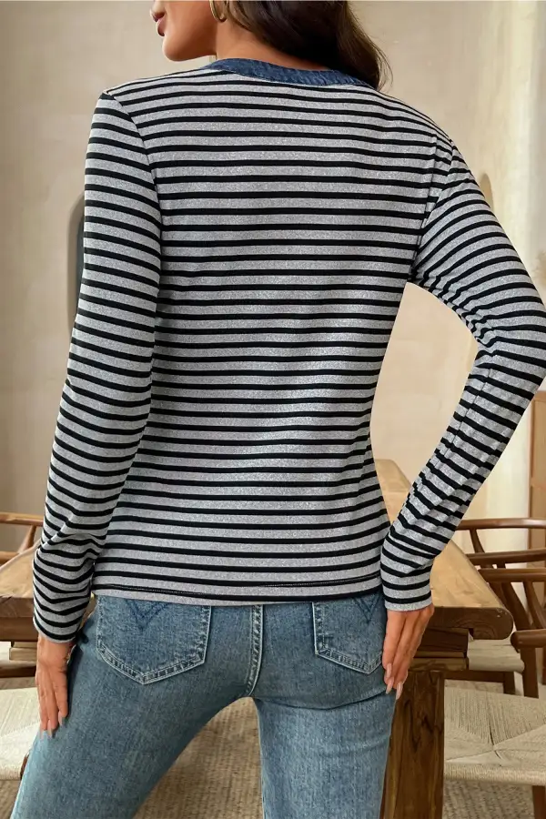 Striped Ribbed Relaxed Stretch Fabric Long Sleeve Top