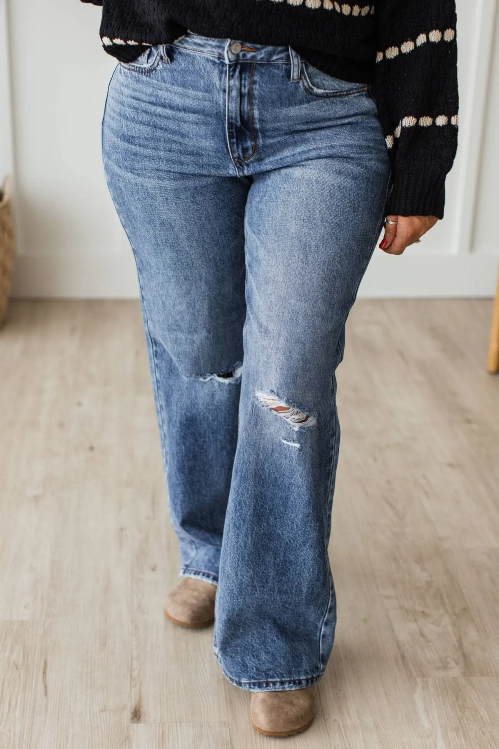High-Rise Straight Leg Distressed Jeans