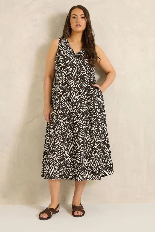 Brown Linen Leaf Print Maxi Dress detail 2