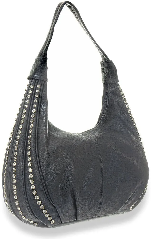 Polished Detail Crystal Accent Pocketed Faux Leather Hobo Shoulder Bag